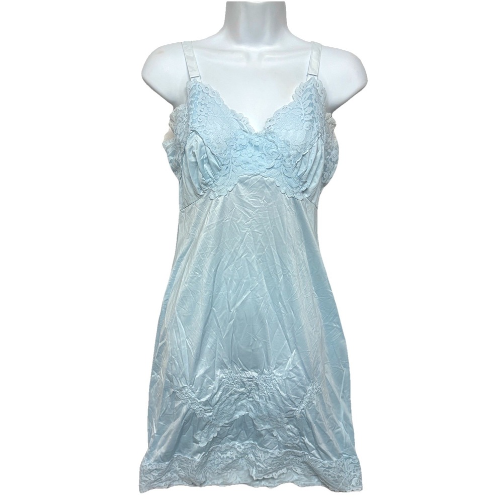 Vintage 70s Movie Star Baby Blue Slip Dress Nylon Lace USA 34 Lingerie Nightgown